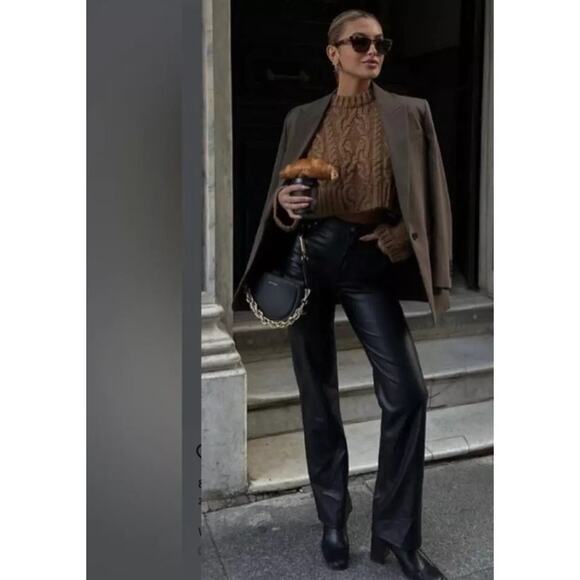 ZARA Faux Leather Straight Leg Trouser Pants Mid-Rise Black - Picture 2 of 11